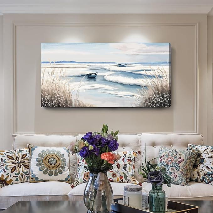 amatop Large Canvas Art Wall Decor for Bedroom Living Room –Rustic Coastal Ocean Artwork for Walls with Sailboat and Waves – Blue and White Nautical Beach Seascape Canvas Print 48x24 Inch