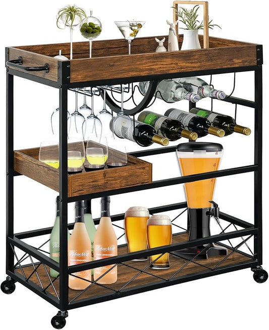 Bar Cart for The Home, 3 Tire Industrial Rolling Serving Cart on Lockable Wheels, Alcoholic Beverage Trolley with 2 Removable Trays, Wine Rack and Glass Holder for Indoor, Outdoor