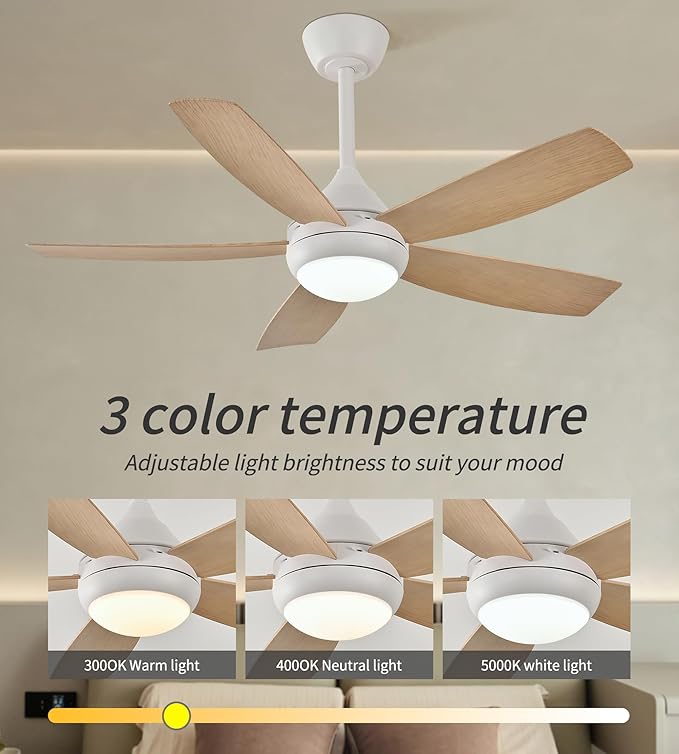 42" Ceiling Fan with Lights, 5 Blades, 6 Speeds DC Reversible, Dimmable, Low Profile Ceiling Fan with Light and Remote Control for Bedroom or Living Room