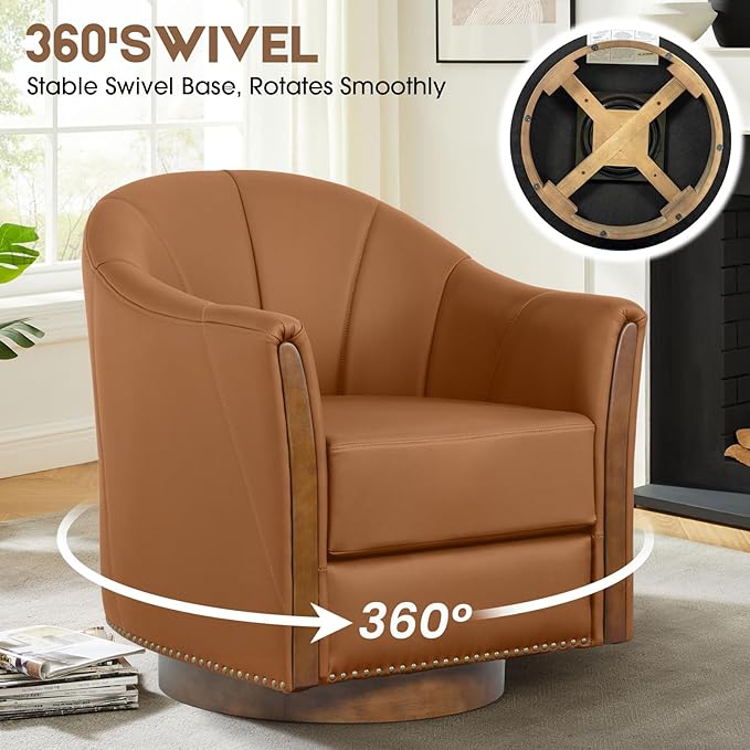 360° Swivel Accent Chair, Modern Leather Barrel Club Chair with Leather Upholstery and Sturdy Wood Base, Comfortable Armchair for Living Room, Bedroom, Reading Nook, Brown