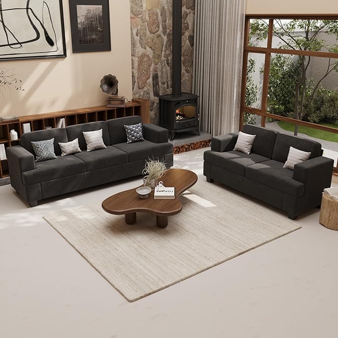 2 Piece Set Comfy Sofa Couch, 3 Seater & Loveseat Sofa with Deep Seats, Modern Sleeper Couch for Living Room, Dark Grey Chenille