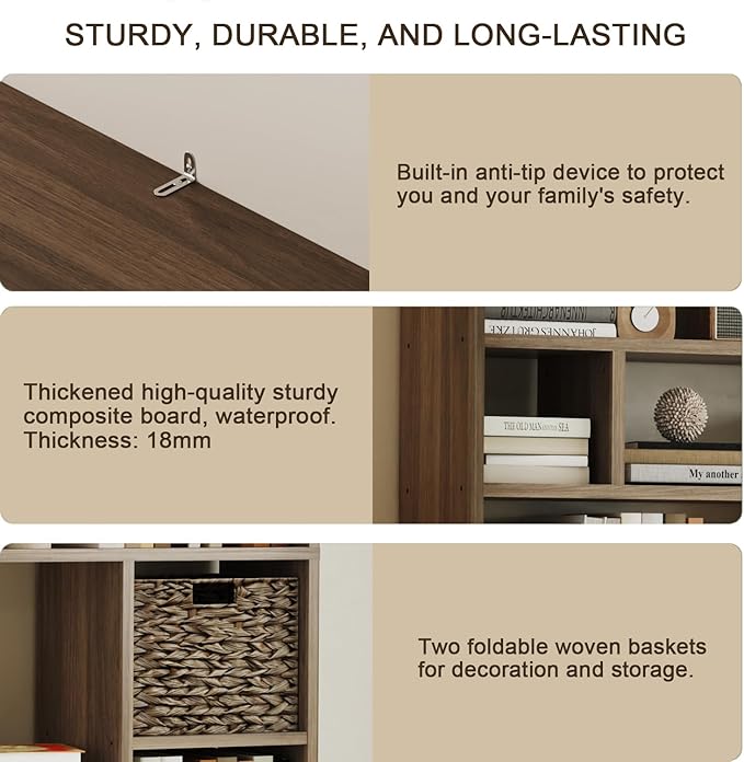 71” Tall Wooden Bookcase 6-Tier Large Bookshelves with 2 Woven Baskets, 55" Wide Floor Standing Wood Display Organizer Shelves for Living Room（Brown）