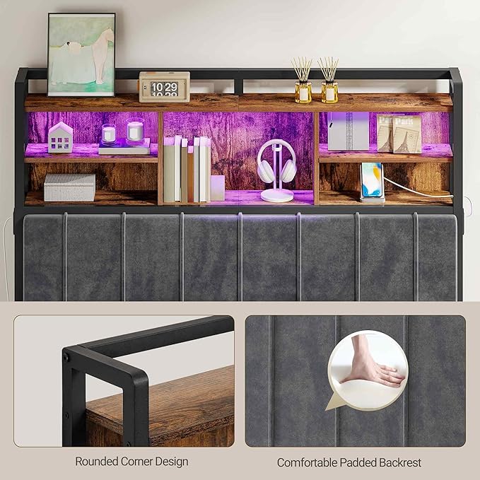 Headboard with 3-Tier Storage Shelves, Velvet Upholstered Head Board with 2 Outlets, USB Ports & LED Light, Soft Backrest for Full Size Bed, Rustic Brown and Black BH13801B