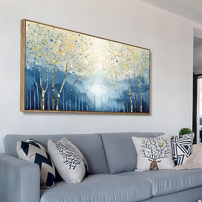 amatop Large Framed Abstract Canvas Wall Art Navy Blue Art Print Modern Nature Tree of Life Artwork Birch Contemporary Landscape Picture for Office Living Room Bedroom Hallway Home Decor 48x24 Inch
