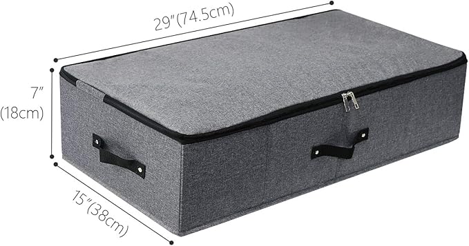 2PCS Foldable Under Bed Storage Box with Plastic Support Liner, Handles, Zipper lid, Blankets Clothes Comforters Storage Bin Organizer for Bedroom and Closet, 29×15×7inch, Black Grey