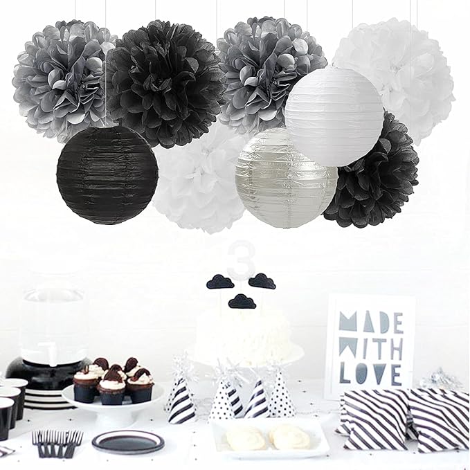 Black White Silver Party-Decorations Paper Flowers Lanterns - 15PCS Birthday Halloween Wedding Tissue Pom Poms Streamers, Halloween Prom Baby Shower Bachelorette Hanging Supplies Decor Hugfond