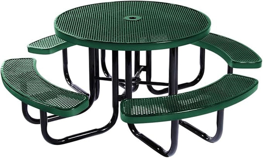 Heavy-Duty Portable Outdoor Picnic Table with Umbrella Hole, Punched Steel Commercial-Grade Patio Dining Furniture Made in America (46" Round Top, Textured Green)