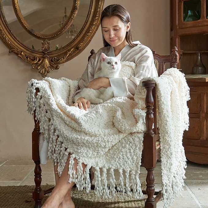 Amélie Home Knit Throw Blanket with Tassels for Couch, Luxury Boho Throw Blanket for Summer Ivory, 50"x60"