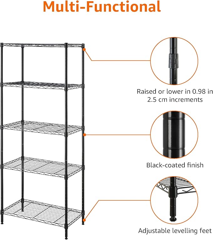 Amazon Basics 5-Shelf Multipurpose Adjustable Sturdy Steel Storage Shelving Unit, Easy Assembly, 13.4" D x 23.2"W x 60"H, Black