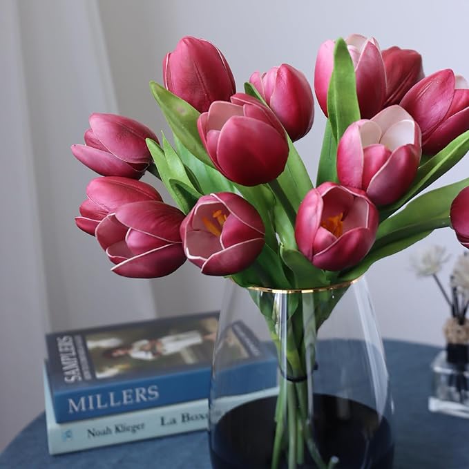 Buart Wine red Tulip Flowers Artificial Luxury Big Tulip Valentine's Day Mother's Day Easter Home Kitchen Wedding Decorations(11pcs)