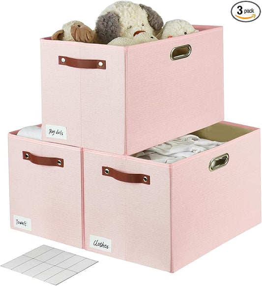 3-Pack Foldable Fabric Storage Bins with Durable PU & Metal Handles, Collapsible Storage Baskets for Shelves, Home Storage, Closet Organizers, Living Room(17"x11.8"x11.8", Pink)