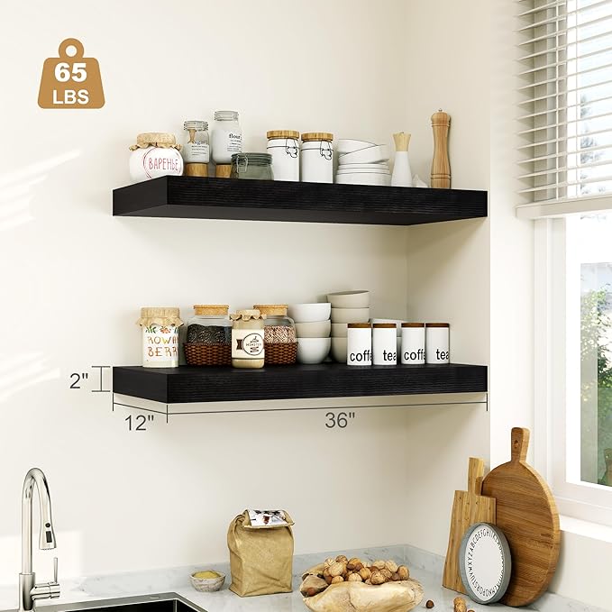 12" Deep Black Floating Shelves,Over Toilet Long Wall Mounted Modern Farmhouse 36 inches,Wall Shelves with Invisible Brackets for Bedroom, Bathroom, Living Room, Kitchen, Set of 1