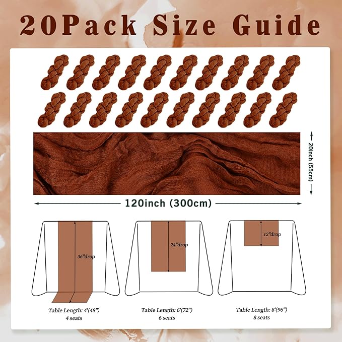 20 Pack Terracotta Cheesecloth Table Runner 10FT Boho Rustic Cheese Cloth Table Runner for Wedding 20 x 120 Inch Long Bridal Shower Baby Shower Gauze Fabric Sheer Birthday Party Table Decorations