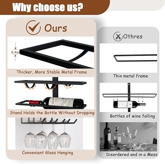 16 Bottle Wall Mount Wine Rack with Wine Glass Holder, Metal Wine Wall Rack, Wall Racks for Wine Bottles Display and Storage, Hanging Bottle Organizer for Living Dining Room Wine Cellar Bar (Black)