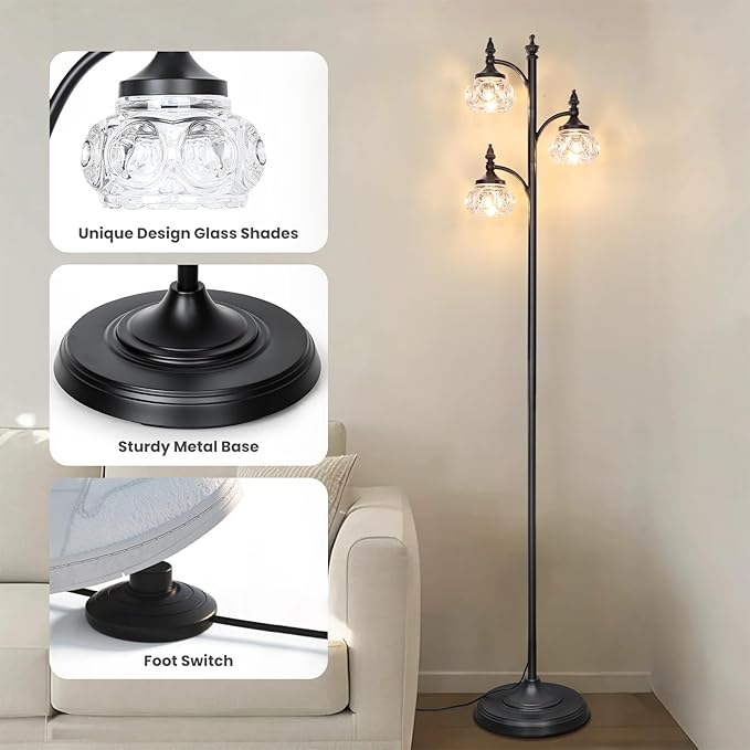 Black Floor Lamp for Living Room,Tall Standing Lamp Dimmable Tree Floor Lamps with 3 Rotatable Lights Glass Shade 66.5'' Modern Corner Lamp for Bedroom Office(3LED Bulbs Included)