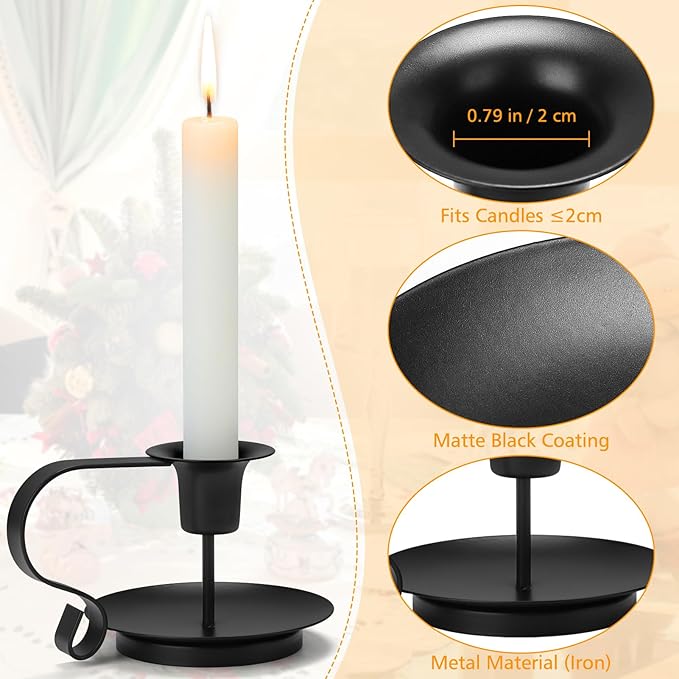 Black Metal Taper Candle Holders Set of 2, Vintage Chamberstick Candle Holder with Handle for Taper Candles, Farmhouse Rustic Candle Holders for Table Decor, Halloween Christmas Decoration