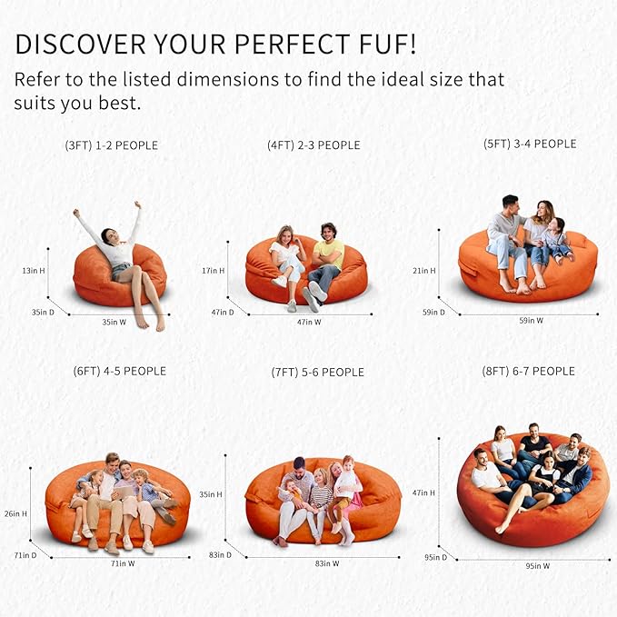 Bean Bag Chair for Adults 8FT,Soft Removable Cover for Teens/Girls Bedroom,Fluffy Giant Round Floor Beanbag Lounger Chairs (No Filler,Orange)