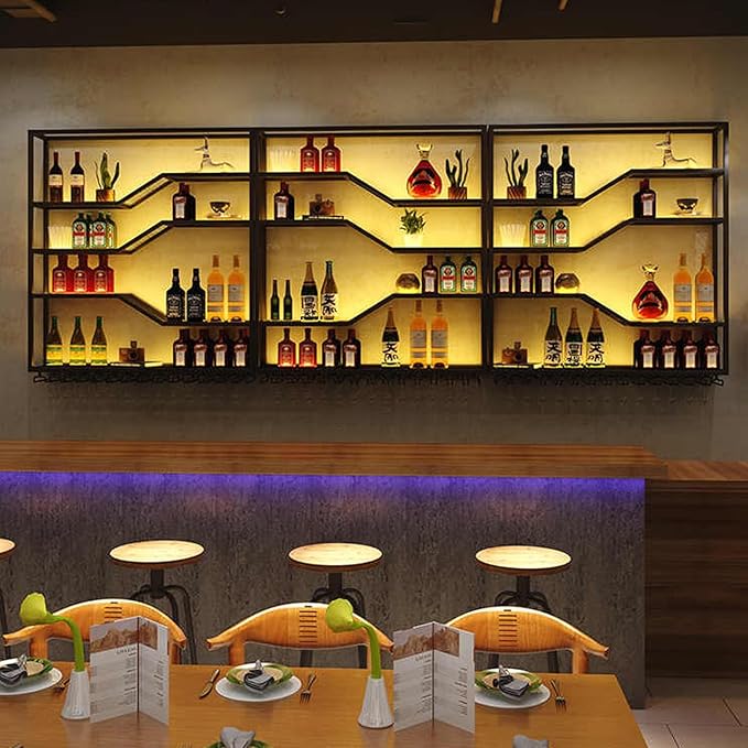 78.8in Wall Mounted Wine Rack with LED Light, 5-Tiers Liquor Bottles Display Shelf with Glasses Holder, Metal Home Bar Shelves with Industrial Iron Frame for Kitchen(Black, 78.8in/6.56ft)