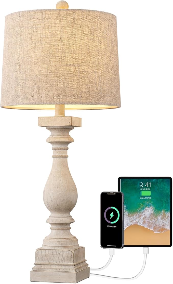 BOBOMOMO Retro 27" USB Charging Ports A/C Wash-White Farmhouse Lamps for Bedrooms Side Table Lamps Bedside Lamp for Nightstand Living Room 1 Pack