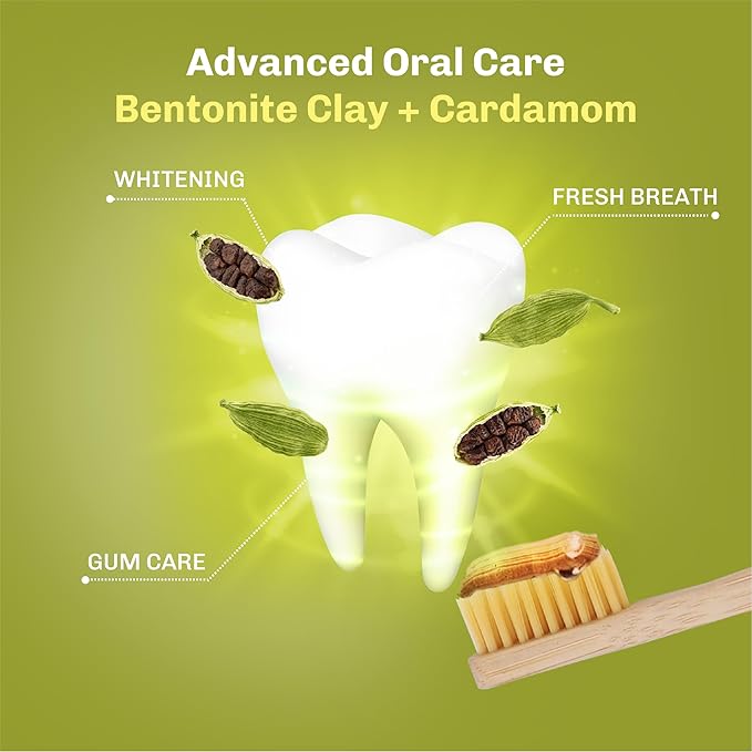 BENTODENT Fluoride Free Remineralizing Calcium Bentonite Clay Toothpaste - Cardamom Flavor Natural Toothpaste, Mint-Free, 3.52 oz - Ideal for Sensitive Teeth & Whitening with Toothbrush