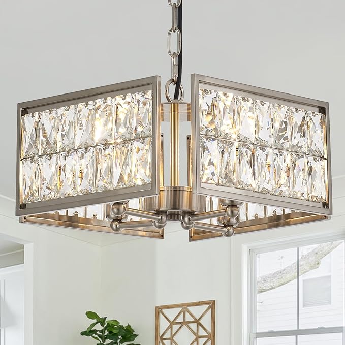 12” 4-Light Modern Crystal Chandeliers Nickel Dinning Room Light Fixture, Square Pendant Light Kitchen Island Chandelier, Flush Mount Ceiling Light for Living Room Entryway Bedroom Foyer