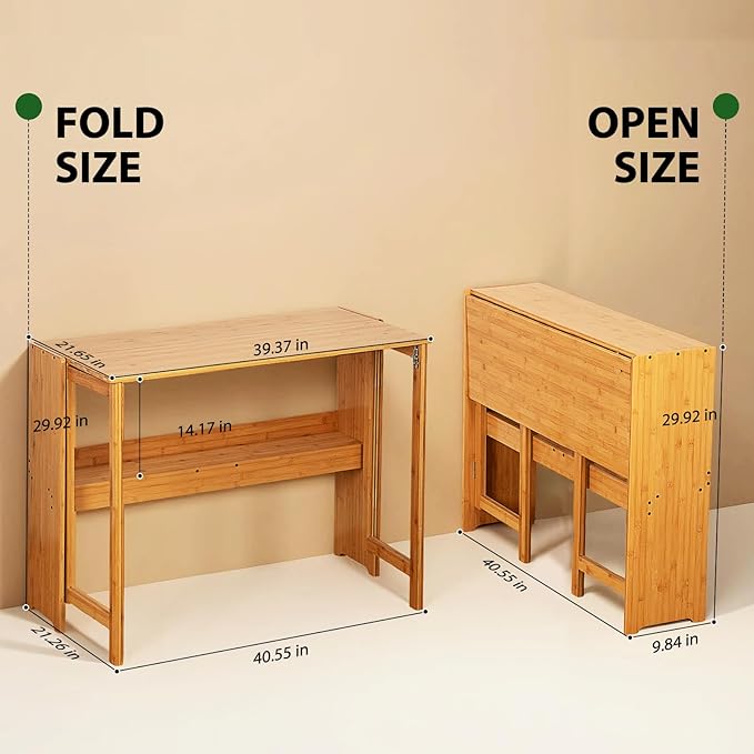 39.37" Bamboo Folding Desk,Space-Saving Computer Desk for Small Spaces, Foldable Study Table for Bedroom, Home Office, Dorm, Apartment (Natural)