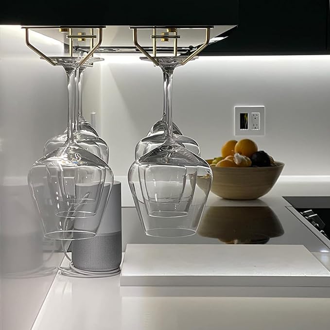 14-Inch Gold Wine Glass Rack, Under Cabinet Wine Glass Holder Stainless Steel Stemware Rack - Hanging Stemware Holder for Cabinet Kitchen Bar, Set of 4