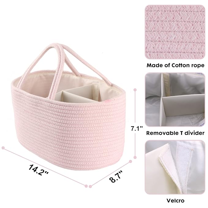 Baby Diaper Caddy Organizer for Girl Boy Rope Nursery Storage Bin Basket Portable Holder Tote Bag for Changing Table Car Travel Baby Shower Gifts Newborn Essentials Registry Must Have Items Pink