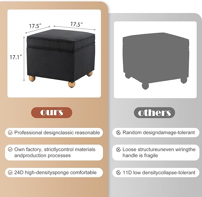 Adeco 17 Inch High Striped Flannel Black Cube Ottoman Storage, 3D Embossed Velvet Chair Foot Stools, Upholstered Vanity Stool with Hinged Lid, Solid Round Wood Legs