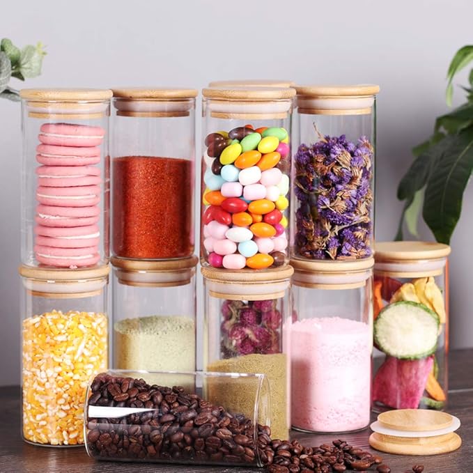 12 Pcs Glass Spice Jars - 8.5oz Empty Small Glass Bottles with Bamboo Airtight Lids and Labels - Thicken Seasoning Spice Containers for Kitchen Organization and Storage…