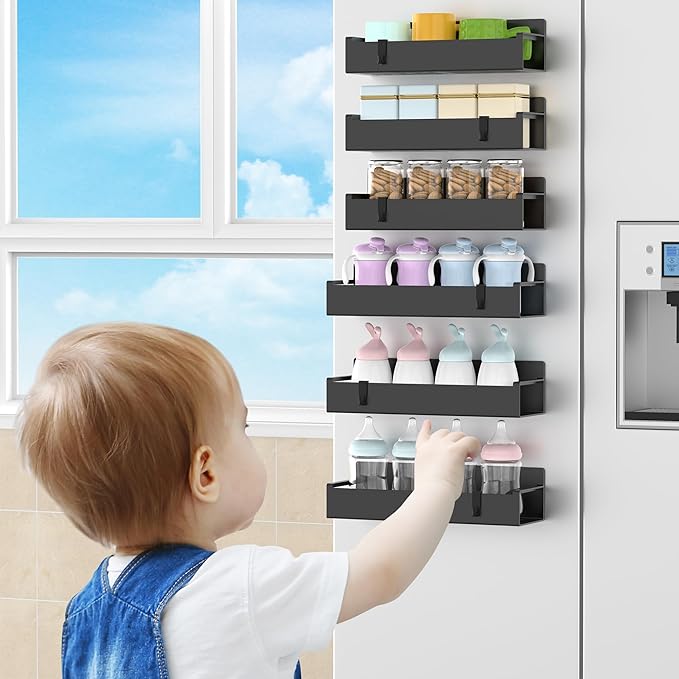 6 Pack Magnetic Spice Rack Organizer for Refrigerator and Oven, Black Fridge Organizers and Storage for Kitchen