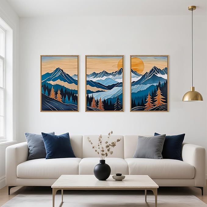 Blue Woodcut Mountain Framed Canvas Wall Art Set, Boho Abstract Ridge Wall Decor, Pine Tree Landscape Wall Painting, Sunrise Forest Art Print for Living Room, Bedroom, Office - 16"X24"X3