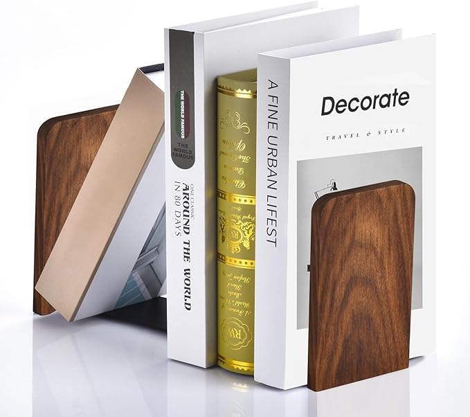 Book Ends, Black Walnut Wooden Bookends for Shelves - Heavy Duty Non-Slip Book Organizers, Upgraded Decorative Bookend Holders for Home, Kitchen, Office, Set of 2, Small