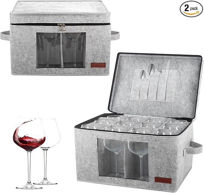2 Pack Wine Glass Storage Box with Dividers, Stemware Storage Containers for Packing and Moving, China Storage Containers Box for 12 Crystal Glassware, Wine Glasses, Drinkware,Light Gray