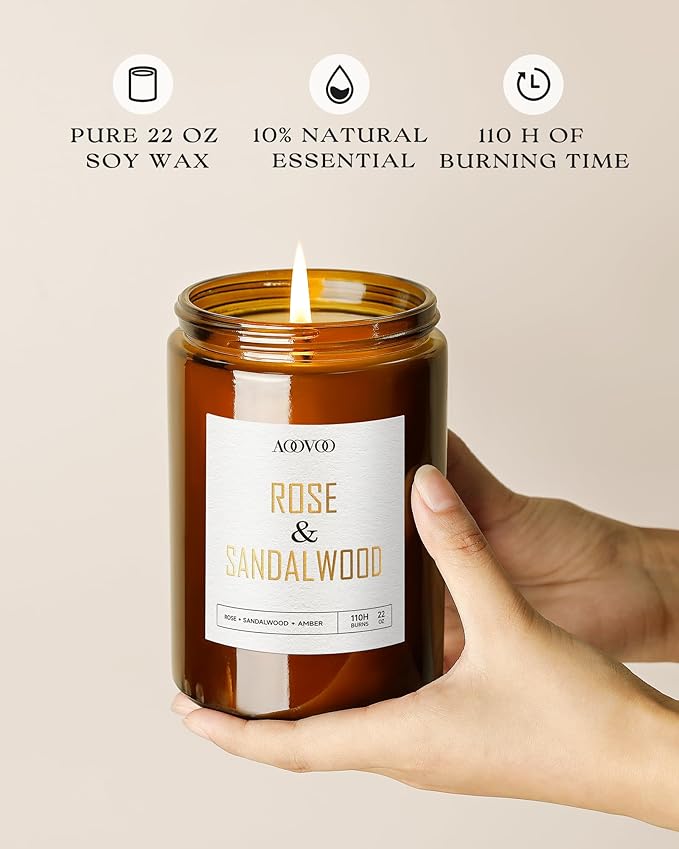 AOOVOO Rose Sandalwood Candles - 22 oz Scented Candles, Aromatherapy Candle, Soy Candle for Home Scented