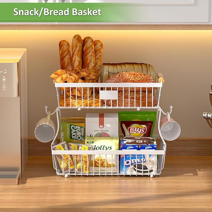 2 Tier Fruit Basket for Kitchen Counter with 2 Banana Hangers, Countertop Metal Fruit Bowl with Wooden Handle, Large Storage Stand for Vegetables, Snacks, Breads, Produce Storage – White