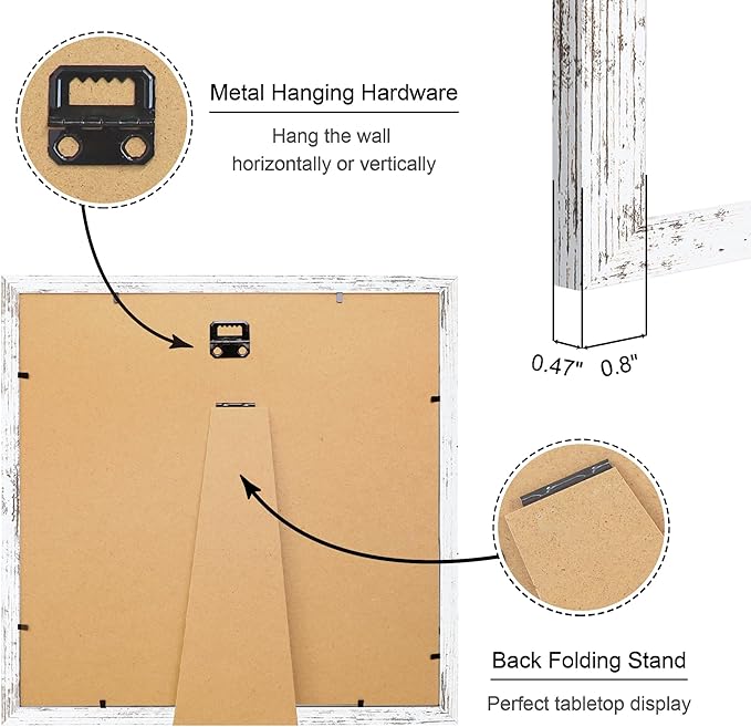 12x12 Picture Frame Set of 4, 12 x 12 Wood Photo Frames with Mat for 10x10 or 30x30cm Diamond Painting Art, Wooden Frame with Real Glass Cover for Wall and Tabletop Display,Distressed White