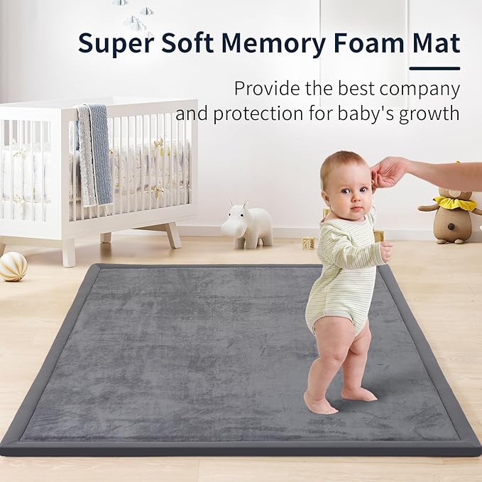 ACOMOPACK Baby Play Mat for Floor 1.3" Thick Memory Foam Play Mat 39"×59" Tummy Time Crawling with Non-Slip Bottom for Living Room,Nursery,Soft Velvet Playpen Mats for Kids,Infants（Dark Grey）