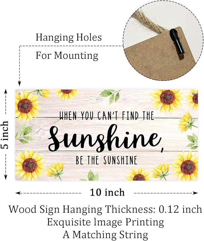 Be The Sunshine Wooden Hanging Sign Plaque, Sunflower Wall Decor Sign With Inspirational Quotes, Rustic Wood Sign Wall Art for Home Nursery Living Dining Room Farmhouse Garden Yard - A21