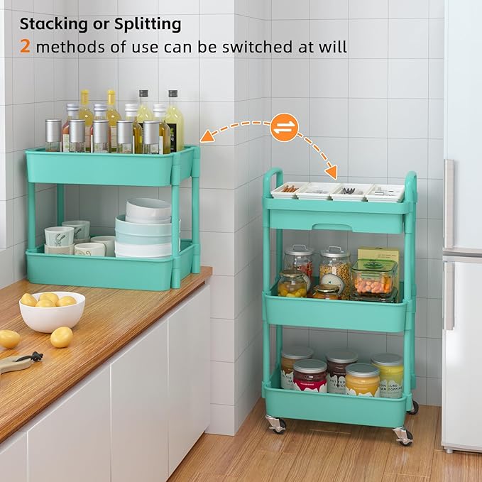 Calmootey 3-Tier Rolling Utility Cart with Drawer,Multifunctional Storage Organizer with Plastic Shelf & Metal Wheel,Storage Cart for Kitchen,Bathroom,Living Room,Office,Green