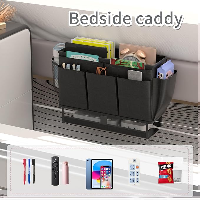 Bedside Caddy, Bed Organizer with 11 Pockets and Power Strip Holder,Versatile Bedside Storage Caddy for Home,Dorm,Bunk,Hospital,Crib Bed (Black)