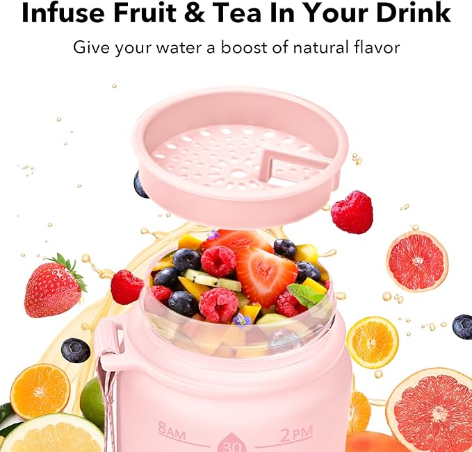 32oz Motivational Water Bottles with Time Marker & Fruit Strainer, Transparent Gradient Color Water Bottle with Times to Drink, Leakproof & BPA Free, Reusable Bottle with Strap (No Straw)