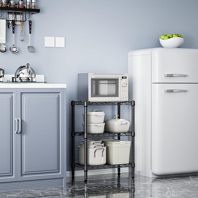 750 lbs 3 Tier Shelf Metal Storage Shelves Wire Rack Closet Organizers with PP Board for Garage Kitchen Bathroom Laundry Black 11.8" D x 21.7" W x 28.6" H