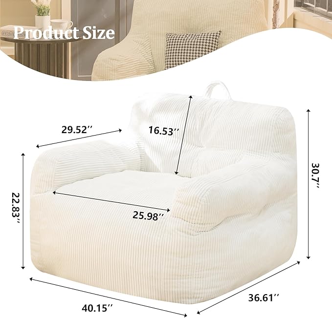 Bean Bag Chair for Adults - Faux Fur, Fluffy and Comfy with Filler, Big Sofa for Reading, Gaming (Beige, Oversize)