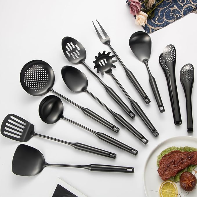 304 Stainlss Steel Matte Kitchen Utensils Set, 11 Pcs Long Metal Cooking Utensil Gadgets Tools Set with Spatula, Ladle, Spoon, Ladle, Skimmer, Tunner, Pasta Server, Tongs(Black, Dishwasher Safe)