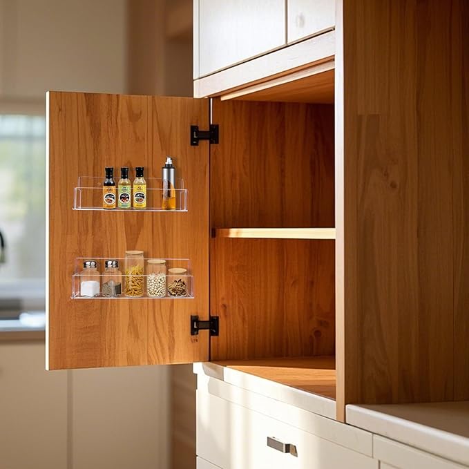 Acrylic Spice Rack Wall Mount-9 Inch, Clear Spice Shelf Storage Holder, 2 Pack Hanging Seasoning Rack Organizer for Cabinet Door, Cupboard or Wall Kitchen (Adhesive or Screw)