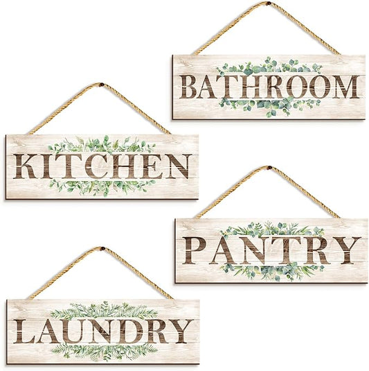 Bathroom Kitchen Laundry Pantry Sign Wall Decor 4 Piece, Wall Art with Plant Print, Rustic Farmhouse Wall Hanging Plaque Home Kitchen Decorative Bathroom, 4.7 x 13.7 inches