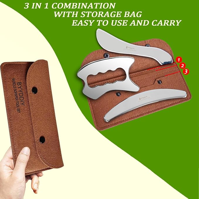 BYYDDIY 3 in 1 Stainless Steel Muscle Scraper Tools Set,Scraping Massage Tools for Physical Therapy,Derma Edge Massage Tool & GuaSha Massage Scraper Tool,IASTM Tools for Body (SXC)