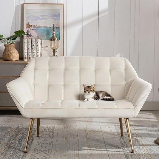 48”Small Loveseat Sofa, Modern Velvet Upholstered Mini Couch 2-Seater Fluffy Love Seat with Quilting Backs and Metal Legs for Small Space Living Room, Bedroom, Beige