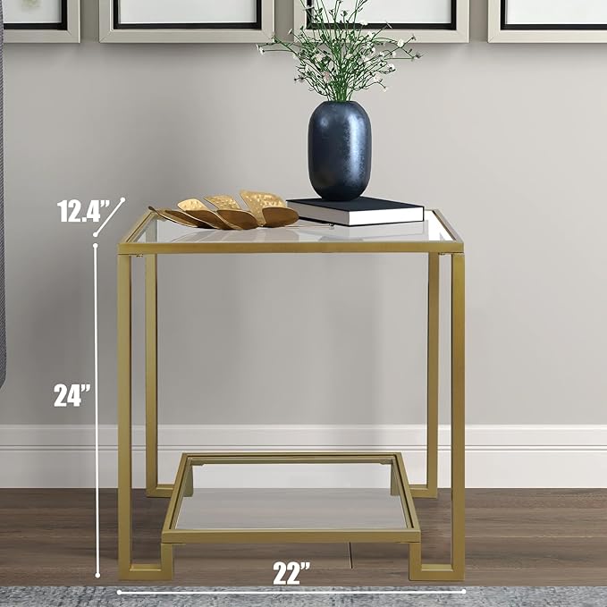 2 Tier Rectangular Side Table, Gold End Table with Glass Top, Modern Metal Clear Coffee Table，Small Accent Table for Living Room, Bedroom, 22" x 12.4" x 24"